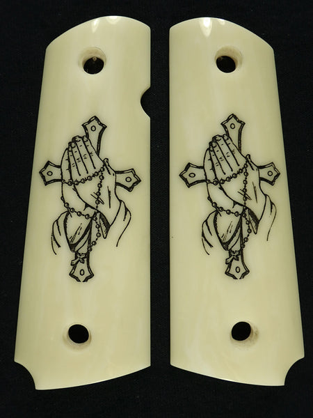 Ivory Praying Hands Engraved 1911 Grips (Full Size) Textured