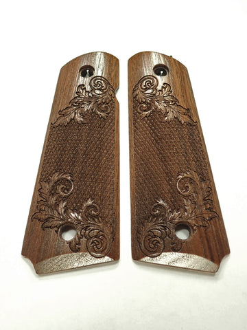 Walnut Floral Checkered 1911 Grips (Full Size)