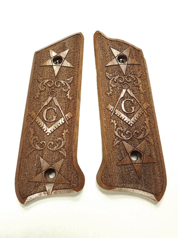 --Walnut Masonic Ruger Mark II/III Grips Checkered Engraved Textured