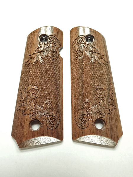 Walnut Floral Checkered 1911 Grips (Compact) X