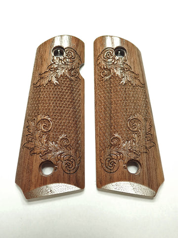 Walnut Floral Checkered 1911 Grips (Compact) X